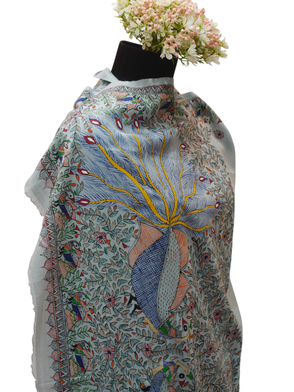 Elegant Handpainted Madhubani Pashmina Shawl on Pastel Blue